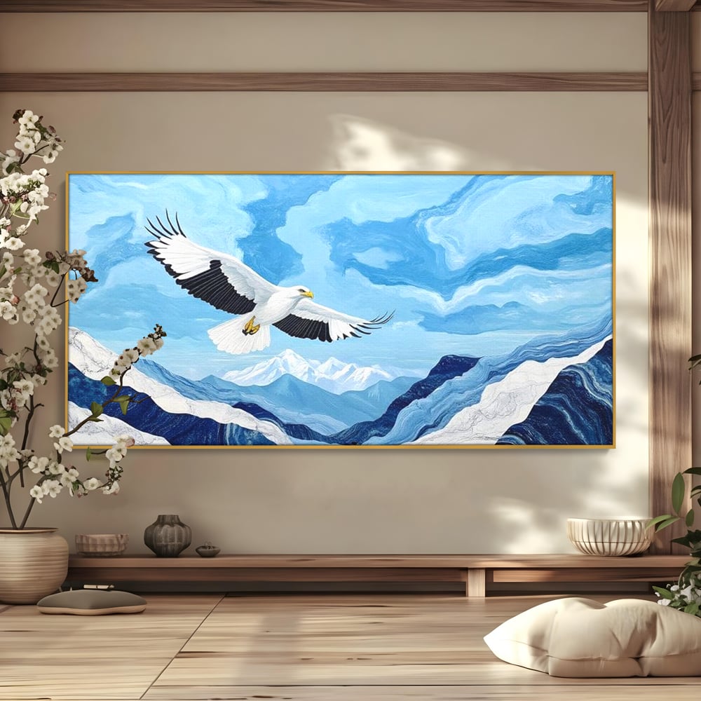 Tablou canvas cu tablou canvas cu vultur in zbor peste munti, in rama de aluminiu auriu